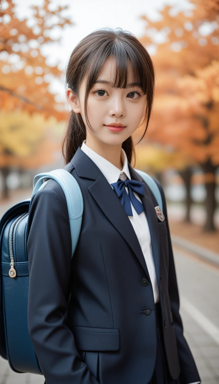  NSFW,Completely naked、Show me your nipples、Be careful when browsing :-2,   a picture of a cute high school girl carrying a dark blue school backpack ,   super model ,  and face up   , Realistic, 美しい女性Face,  staring straight at the camera :1.37, , Realistic, 非常にRealisticな写真, standing,   Perfect Anatomy:1.21, Small head:1.21, Thin lips:1.5, Close your lips,  portrait of a Japanese woman :1.21, Sober uniform, Blazer Uniform,   blurry background of an autumn ginkgo tree  , Black Blazer, White collar shirt:1.21, Loop Ribbon:1.21,   black pleated skirt  :1.21,   carrying a dark blue school backpack  , Brown Hair:1.21 ,   chignon hair  :1.21,  Cute Japanese Woman :1.21,  beautiful Japanese woman wearing a G jacket&#39;Face:1.21, Symmetrical eyes, Sharp eyebrows:1.37, Detailed face,  white skin:1.21, Fine skin,   Glowing Skin :1.21,   natural light illuminates her  :1.37,   Retro black and white photography  ,  Based on warm colors   :1.37, Silky Screen,  Nostalgic Photos ,   dynamic and cinematic lighting ,