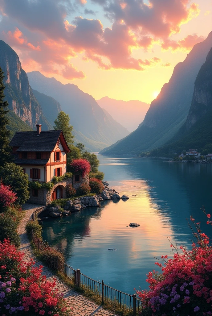 a small village by the river, mountains in the background, floral flowers colorful, detailed landscape, Beautiful natural landscapes, atmospheric lighting, scorching sunset, warm colours, practical, photopractical, Detailed Foliage, complex buildings, cobblestone street, Charming country house, swirly vibrant colors, lush vegetation, Still water reflections, Picturesque, idyllic, work of art, best qualityer, 8k, extremely detaild,anime styling