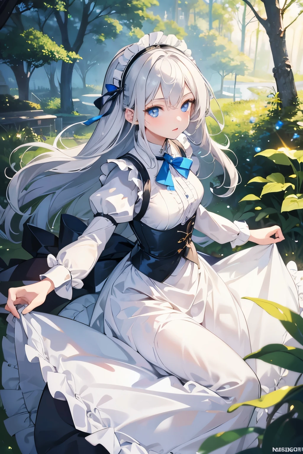 masterpiece,Best Quality, very detailed,beautiful girl, ager,Maid, long skirt,Outdoor,Mansion,Night Forest,Small breasts, thin waist,Silver Hair,Perfect Blue Eyes, very cute,Active pose