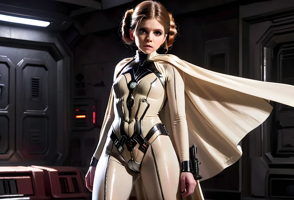 Kate Mara (Age 25) In the role of Princess Leia  ( white metallic body suit and cape )  is a state-of-the-art and very dangerous torture chamber,  who begs for mercy with Darth Vader , damsel in Not, Damsel in Distress
