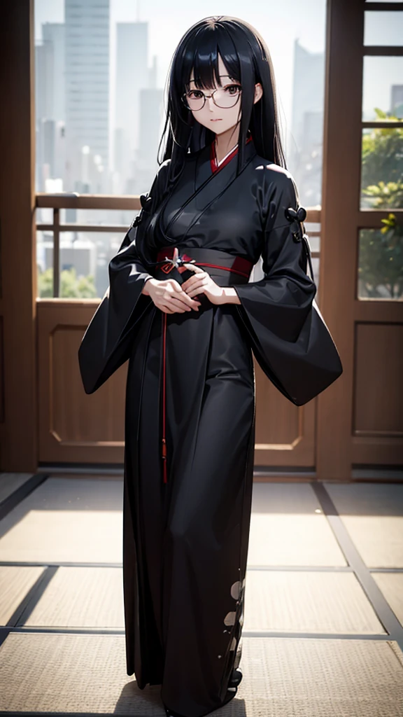 (Faithfulness: 1.4), ((Black Hanfu)), Big Sleeves, Small ring, get up, Mole under the eye, [Denim Lenses, Bokeh, perspective shortening,  Negative Space ,  chiaroscuro ,  depth of field,  ray tracing , masterpiece,  full body standing picture depicting an anatomically correct ,  textured skin,  best quality, 8k, , Accurate