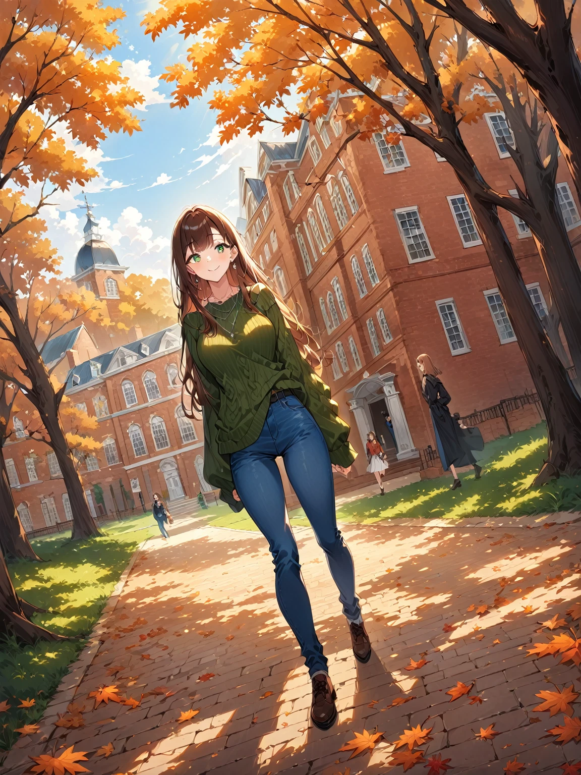 1 girl, original, perfect body, anatomically correct, correct ratio, 

(girl:1.2), 22 years old, (medium straight hair:1.3), (brown hair:1.3), (green eyes:1.1), medium body, medium breasts, smile, 

simple and casual autumn fashion, loose sweater, denim pants, simple silver necklace, small earrings,

college campus, colonial architecture, brick buildings, historic campus, wide green lawns, old trees, academic quadrangle, William and Mary style, Williamsburg Virginia, students walking, autumn season, sunny day, wide shot, 

dynamic angles, dynamic poses, (masterpiece, best quality, very aesthetic, absurdres), (8k, RAW photo, best quality), (extremely detailed 8k wallpaper),