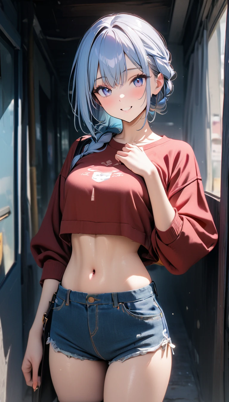 realistic image, coherent image, detailed image, 1 beautiful elf, She has long dark blue hair, long eyelashes. Greenish blue eyes. Her face is oval and delicate, smiling. She is wearing a long-sleeved t-shirt, showing her navel, ripped shorts, and sneakers. She has a curvy body, medium breasts, thick thighs, urban background, surrounded by buildings, natural lighting, volumetric lighting,