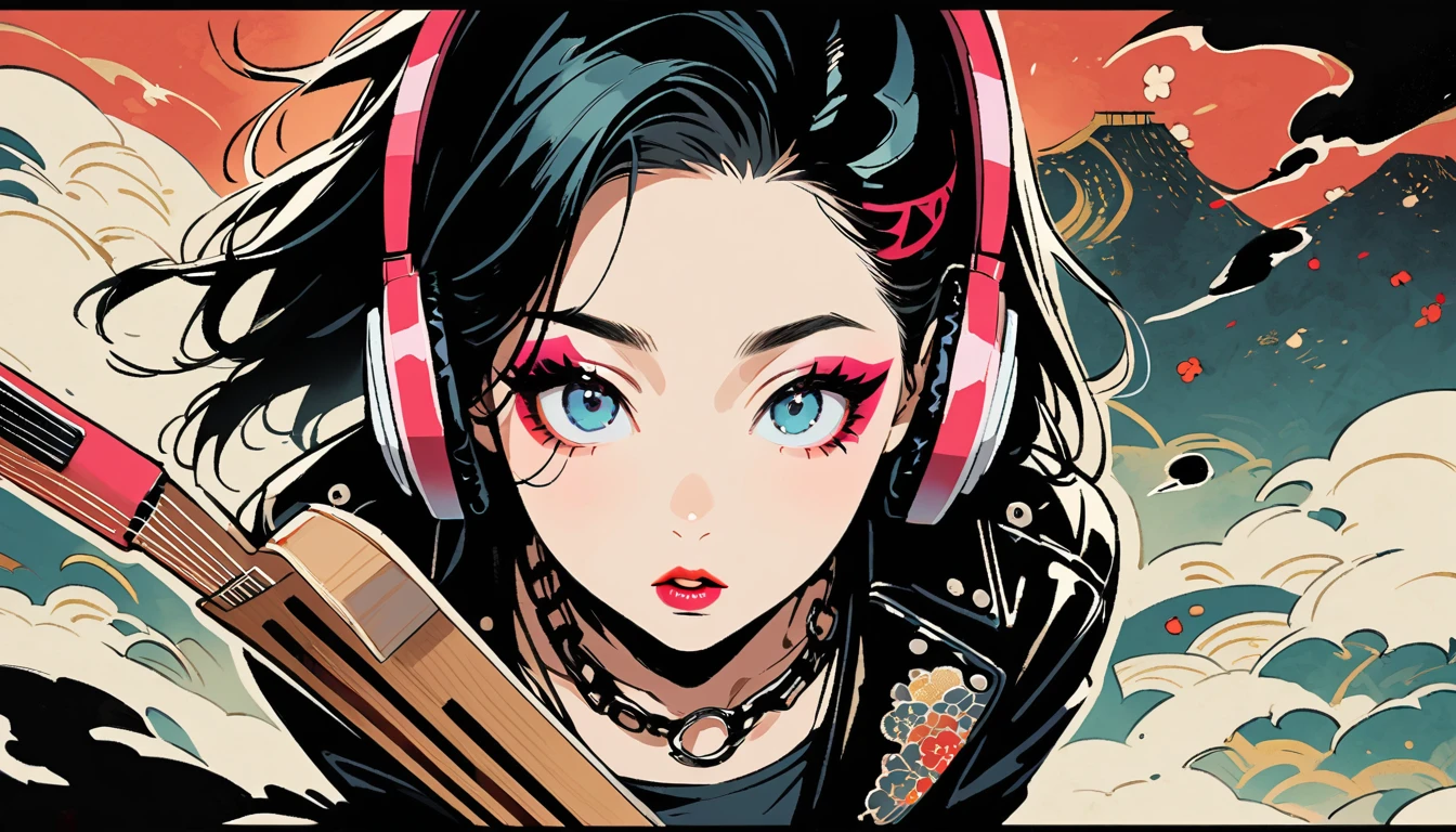 (((Ink Painting))), (((from above))), (((1 female))), (((Leather jacket with Japanese patterns))), (((20-year-old))), (((Very flashy makeup))), Japanese style headphones, devil, prepare a sword, Japan人の美少女, Black Hair, Delicate and precise, Modern ukiyo-e style,Japan, Droopy eyes, round face, smile, Fuller lips, Red and Blue