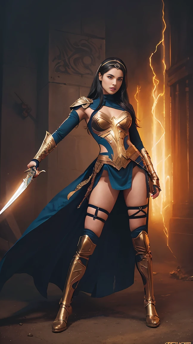 ((Full body photo, standing, feet on the ground)) a woman dressed as a warrior holding a sword, gal gadot sexy painting, fishnets, tyler edlasy art, fantasy woman, gal gadot as hell lord, zenescope, a very beautiful berserker woman, magali villeneuve', as seen on artgerm, very beautiful barbarian, artgerm julie bell beeple, 4k fantasy art, with bangs, a headband
