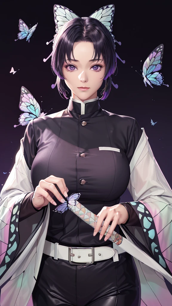 (（（figure，御姐figure,White and tender skin,（（haori, wide sleeves, long sleeves, black pants, black jacket, belt，）））,(（（kochou shinobu, butterfly hair ornament, purple eyes, multicolored hair, short hair, parted bangs, ））),,((masterpiece)),highres,((Best quality at best)),masterpiece,quality,Best quality,(（（  delicate facial features , for the audience ,））），Huge breasts，）））