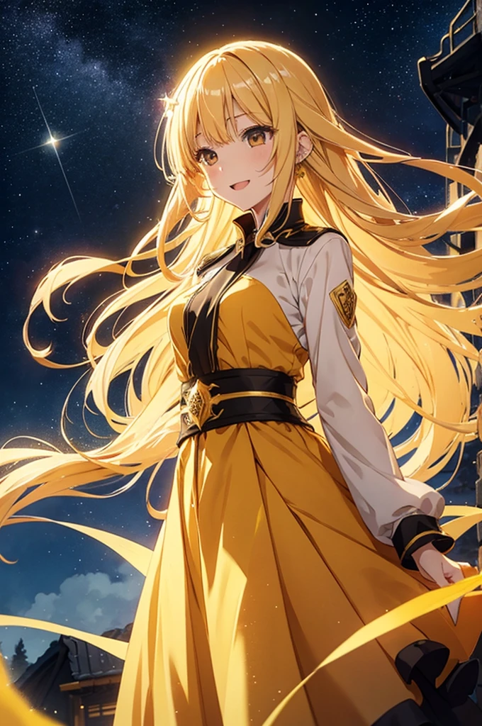 girl,  flowing golden blond hair, Yellow Eyes, Golden Imperial Costume, Neckline, Anime, The background is a bright starry sky , Dynamic Angle, Derisive laughter