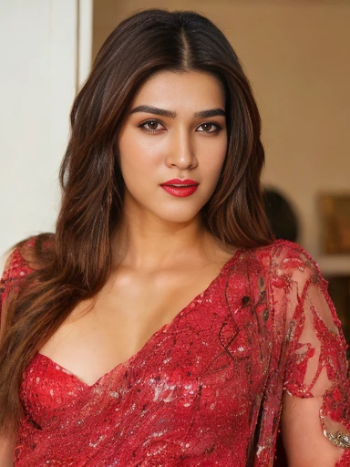 from distance view, extreme full body((head to full Thighs portrait photo)) of Kriti Sanon, resembling kriti sanon, 100% accurate face, cute cheeks, red lips, sexy slim figure, swooping small breasts, open arms, whole body in frame((she showing pro. model poses at crowded party)), black wavy hairstyle, (ultra realistic), intricate detailed, (ArtStation:1.2)