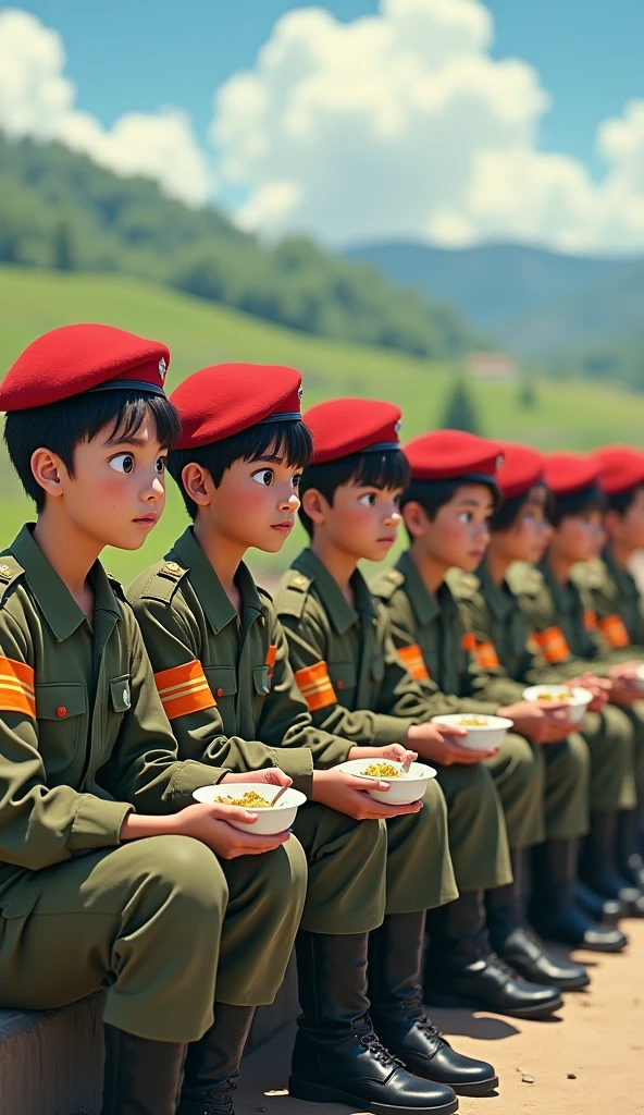 Germany,Many German soldiers,Prussian steel helmet,Grey uniform,military uniform , Many soldiers., Eating a candy bar , Elf soldier, Orc soldier , human soldier , ((Vibrant colors)) , The backdrop is a military mess hall.