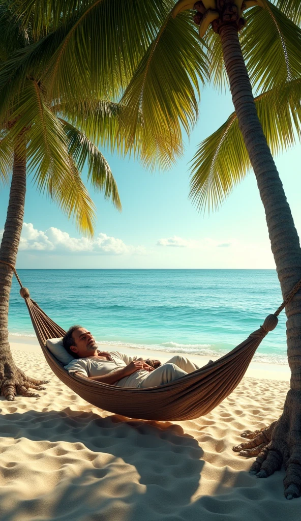 a polar bear lies in a hammock on the beach in the Maldives, a glass of lemon juice in his left paw, photorealistic, 4K