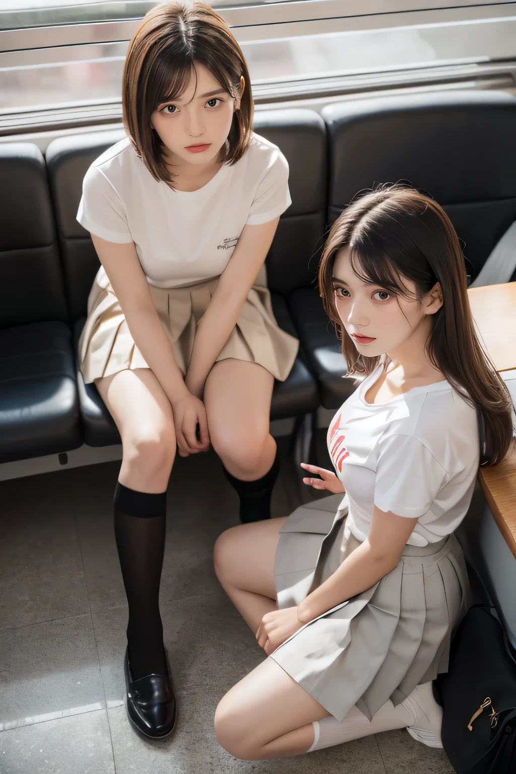 heavy rain, soaked, long hair, looking at viewer, smile, bangs, (Two girls in:1.2), brown hair, shirt, black hair, short sleeves, brown eyes,  bob hair, minimum white T-shirt, (White pleated skirt:1.2), open legs, Lofer shoes, (Black socks:1.2), striped,  bag, brown footwear, loafers, school bag, Train seat, Sitting, (Plump breast:1.2), (From top view:1.4)