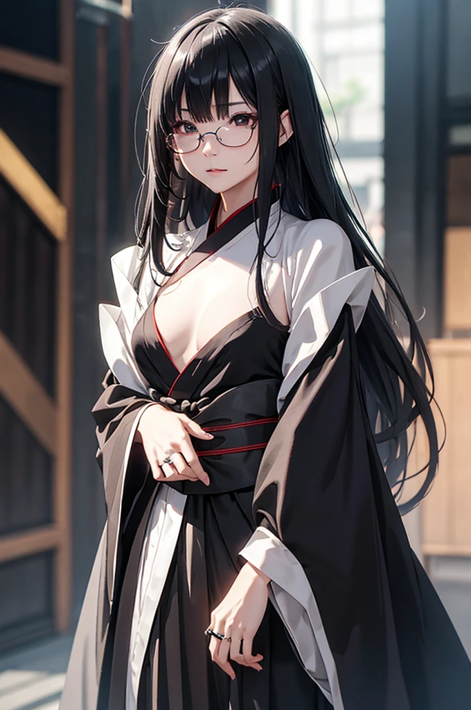 (Faithfulness: 1.4), ((Black Hanfu)), Big Sleeves, Small ring, get up, Mole under the eye, [Denim Lenses, Bokeh, perspective shortening,  Negative Space ,  chiaroscuro ,  depth of field,  ray tracing , masterpiece,  full body standing picture depicting an anatomically correct ,  textured skin,  best quality, 8k, , Accurate
