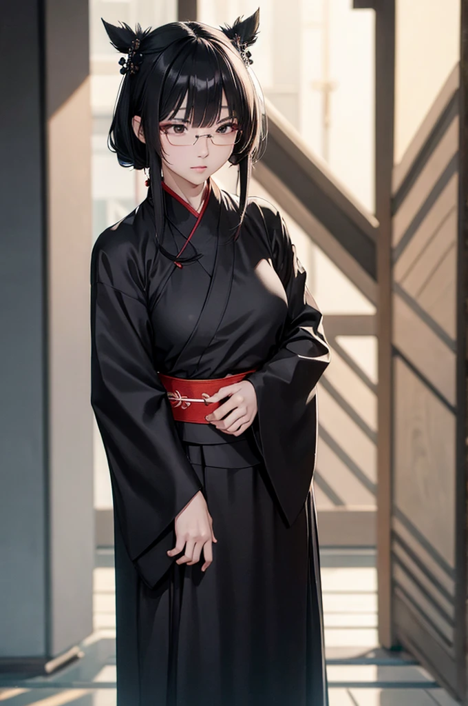 (Faithfulness: 1.4), ((Black Hanfu)), Big Sleeves, Small ring, get up, Mole under the eye, [Denim Lenses, Bokeh, perspective shortening,  Negative Space ,  chiaroscuro ,  depth of field,  ray tracing , masterpiece,  full body standing picture depicting an anatomically correct ,  textured skin,  best quality, 8k, , Accurate
