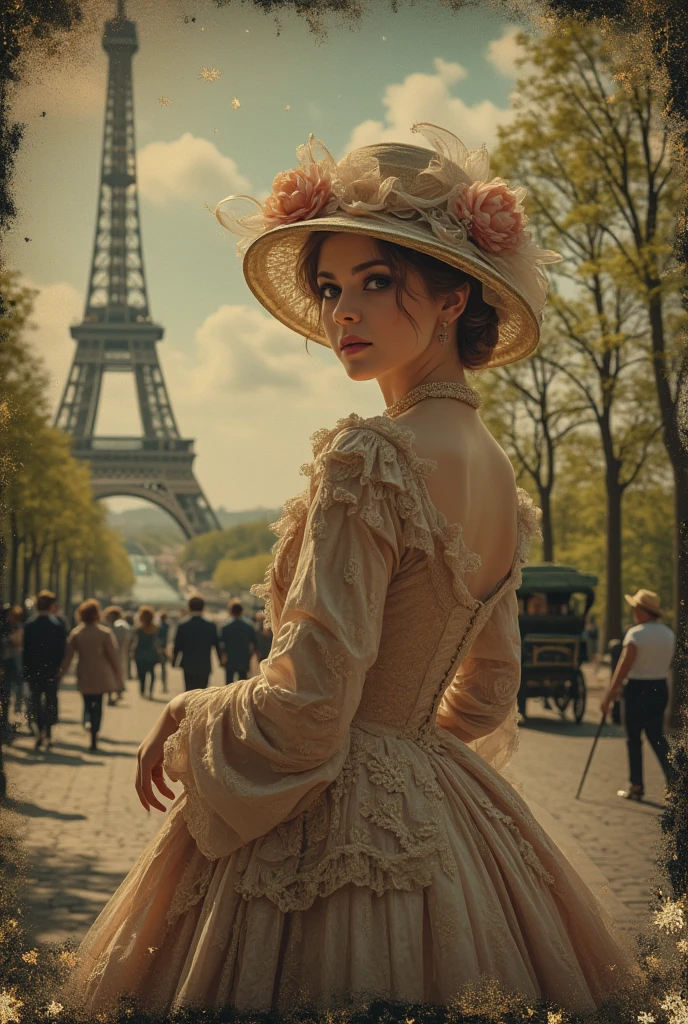 Daguerreotype photo ruined at the edges, with streaks and stains. Beautiful elegant lady from the late 1800s in Paris at the Universal Exhibition, elegantly dressed in classy and expensive European 1800s clothes, hat and parasol. Looking the viewer from over the shoulder. In the background the Eiffel Tower. Sunny spring day. Green tree-lined avenues along the Seine and old time horse-drawn carriages along the streets. People walking with European 1800s clothes. Warm and quiet atmosphere, pollen particles and dust make the setting magical and real. Very detailed full body portrait.