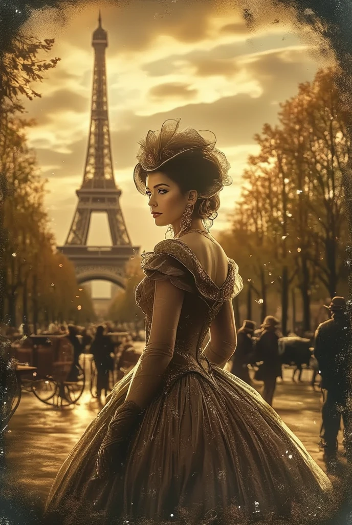 Daguerreotype photo ruined at the edges, with streaks and stains. Beautiful elegant lady from the late 1800s in Paris at the Universal Exhibition, elegantly dressed in classy and expensive European 1800s clothes, hat and parasol. Looking the viewer from over the shoulder. In the background the Eiffel Tower. Sunny spring day. Green tree-lined avenues along the Seine and old time horse-drawn carriages along the streets. People walking with European 1800s clothes. Warm and quiet atmosphere, pollen particles and dust make the setting magical and real. Very detailed full body portrait.