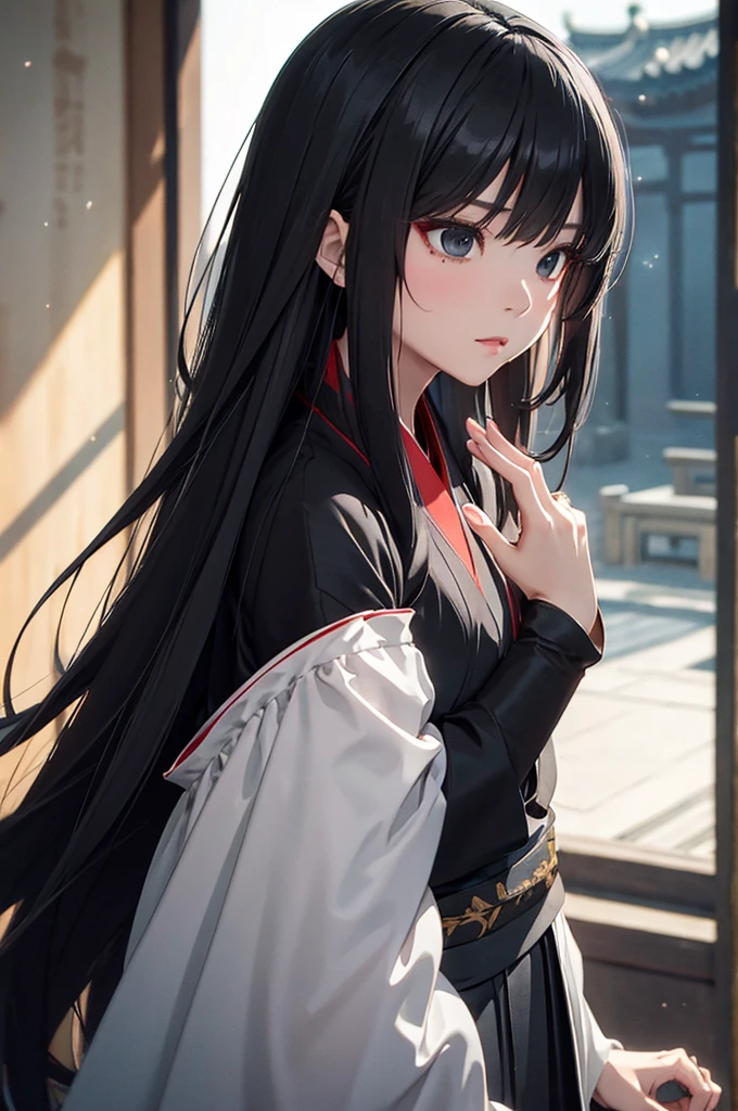 (Faithfulness: 1.4), ((Black Hanfu)), Big Sleeves, Small ring, get up, Mole under the eye, [Denim Lenses, Bokeh, perspective shortening,  Negative Space ,  chiaroscuro ,  depth of field,  ray tracing , masterpiece,  full body standing picture depicting an anatomically correct ,  textured skin,  best quality, 8k, , Accurate
