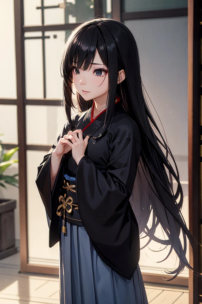 (Faithfulness: 1.4), ((Black Hanfu)), Big Sleeves, Small ring, get up, Mole under the eye, [Denim Lenses, Bokeh, perspective shortening,  Negative Space ,  chiaroscuro ,  depth of field,  ray tracing , masterpiece,  full body standing picture depicting an anatomically correct ,  textured skin,  best quality, 8k, , Accurate
