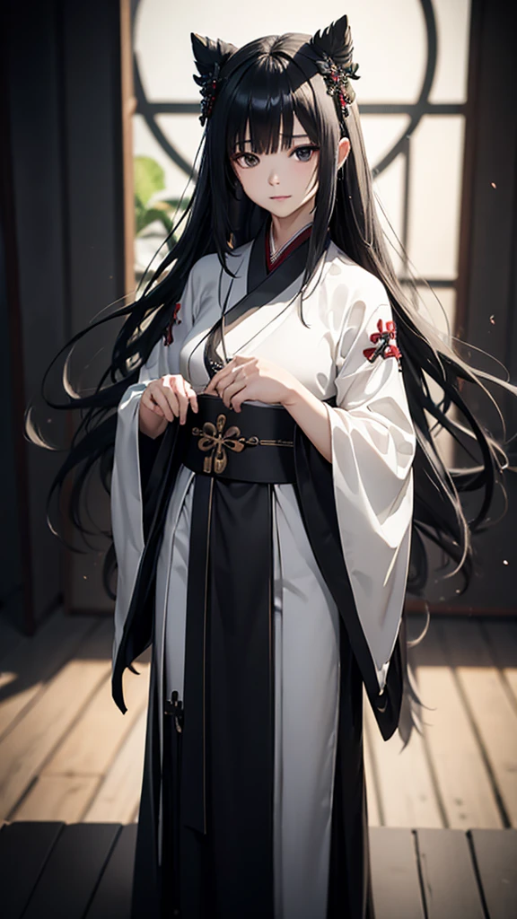 (Faithfulness: 1.4), ((Black Hanfu)), Big Sleeves, Small ring, get up, Mole under the eye, [Denim Lenses, Bokeh, perspective shortening,  Negative Space ,  chiaroscuro ,  depth of field,  ray tracing , masterpiece,  full body standing picture depicting an anatomically correct ,  textured skin,  best quality, 8k, , Accurate
