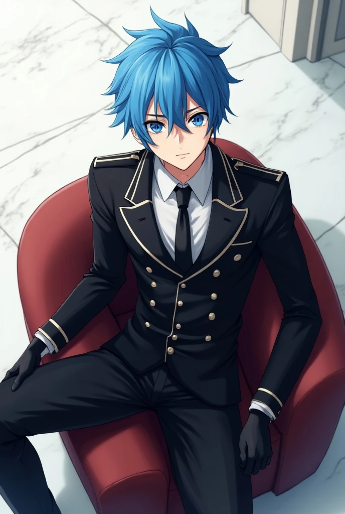 a anime boy character with blue cap, blue eyes, blue hair blue coat with glasses and have cigarette on his mouth