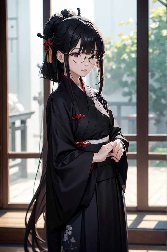 (Faithfulness: 1.4), ((Black Hanfu)), Big Sleeves, Small ring, get up, Mole under the eye, [Denim Lenses, Bokeh, perspective shortening,  Negative Space ,  chiaroscuro ,  depth of field,  ray tracing , masterpiece,  full body standing picture depicting an anatomically correct ,  textured skin,  best quality, 8k, , Accurate
