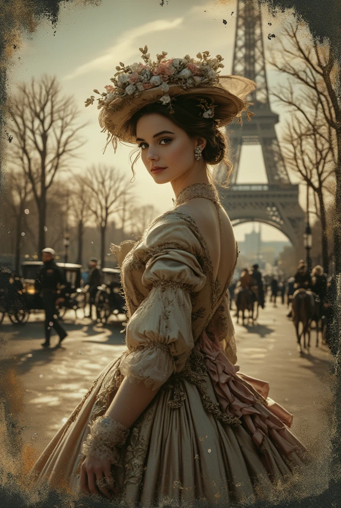 Daguerreotype photo ruined at the edges, with streaks and stains. Beautiful elegant lady from the late 1800s in Paris at the Universal Exhibition, elegantly dressed in classy and expensive European 1800s clothes, hat and parasol. Looking the viewer from over the shoulder. In the background the Eiffel Tower. Sunny spring day. Green tree-lined avenues along the Seine and old time horse-drawn carriages along the streets. People walking with European 1800s clothes. Warm and quiet atmosphere, pollen particles and dust make the setting magical and real. Very detailed full body portrait.