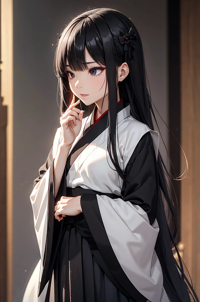 (Faithfulness: 1.4), ((Black Hanfu)), Big Sleeves, Small ring, get up, Mole under the eye, [Denim Lenses, Bokeh, perspective shortening,  Negative Space ,  chiaroscuro ,  depth of field,  ray tracing , masterpiece,  full body standing picture depicting an anatomically correct ,  textured skin,  best quality, 8k, , Accurate
