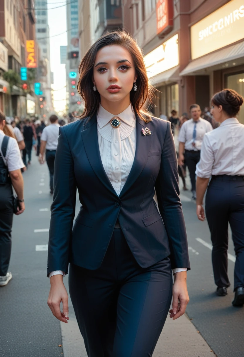 
a gorgeous woman, 1 woman, beautiful detailed eyes, beautiful detailed lips, extremely detailed eyes and face, long eyelashes, woman in business suit and pants, walking in the streets of New York, hyper realistic, photorealistic, 8k, best quality, masterpiece, cinematic lighting, dramatic lighting, vibrant colors, highly detailed, intricate details, elegant, dynamic pose, urban environment, skyscrapers, people walking in the background, realistic textures, impeccable shading, chiaroscuro, dramatic shadows