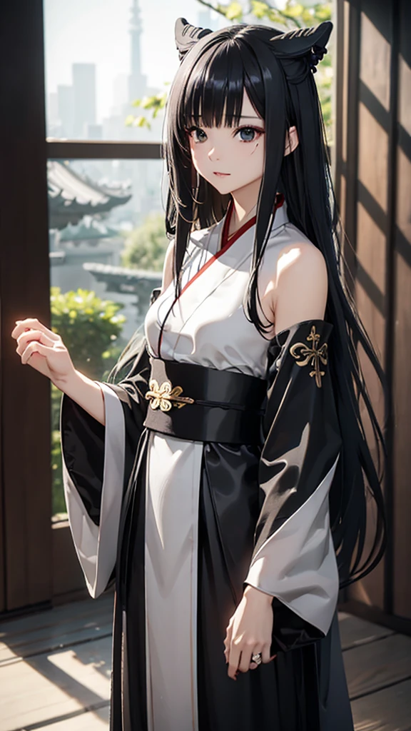 (Faithfulness: 1.4), ((Black Hanfu)), Big Sleeves, Small ring, get up, Mole under the eye, [Denim Lenses, Bokeh, perspective shortening,  Negative Space ,  chiaroscuro ,  depth of field,  ray tracing , masterpiece,  full body standing picture depicting an anatomically correct ,  textured skin,  best quality, 8k, , Accurate
