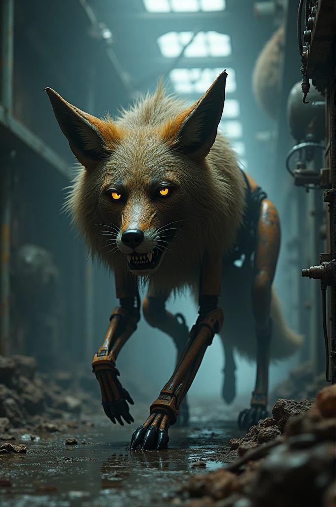A wolf-headed foxy robot with a damaged eye in the movie Five Nights at Freddy&#39;s, a dark horror scene