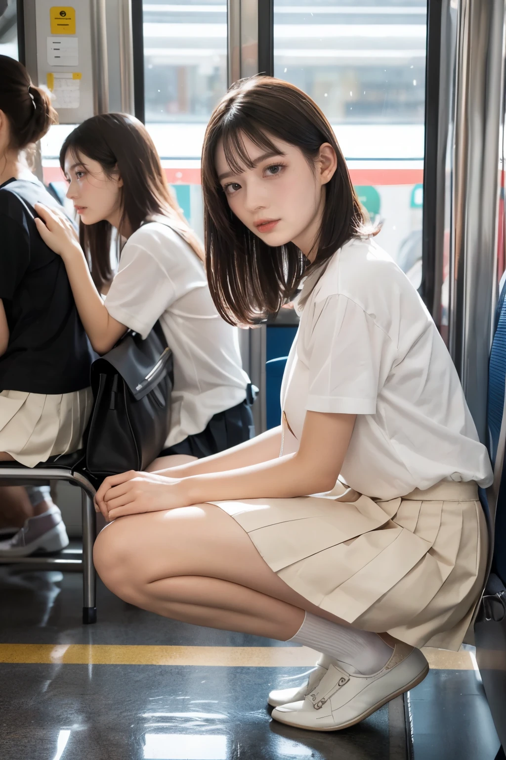 heavy rain, soaked, long hair, looking at viewer, smile, bangs, (Two girls in:1.2), brown hair, shirt, black hair, short sleeves, brown eyes,  bob hair, minimum white T-shirt, (White pleated skirt:1.2), open legs, Lofer shoes, (Black socks:1.2), striped,  bag, brown footwear, loafers, school bag, Train seat, Sitting, (Plump breast:1.2), (From Side view:1.4)