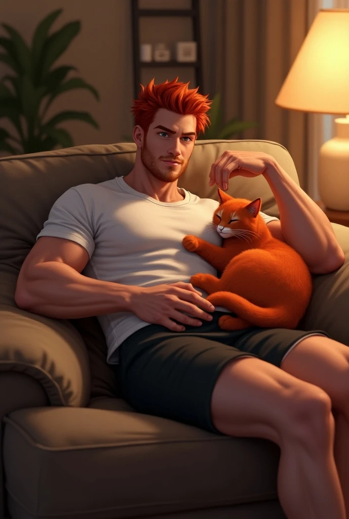 Garfield if he were a man, beautiful young man, muscular, red-haired.