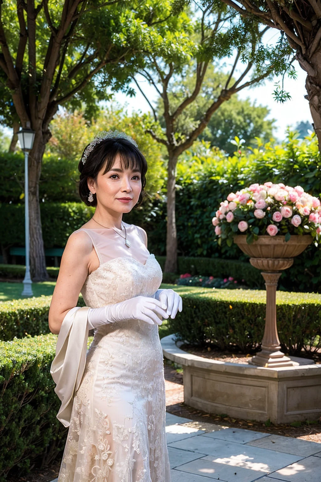 ((Masterpiece)), ((Best Quality)), A middle-aged short-hair woman, ((She is wearing an ornamental wedding dress)), She is in a garden, she is wearing a necklace, She is wearing white gloves on her hands,  black eyes