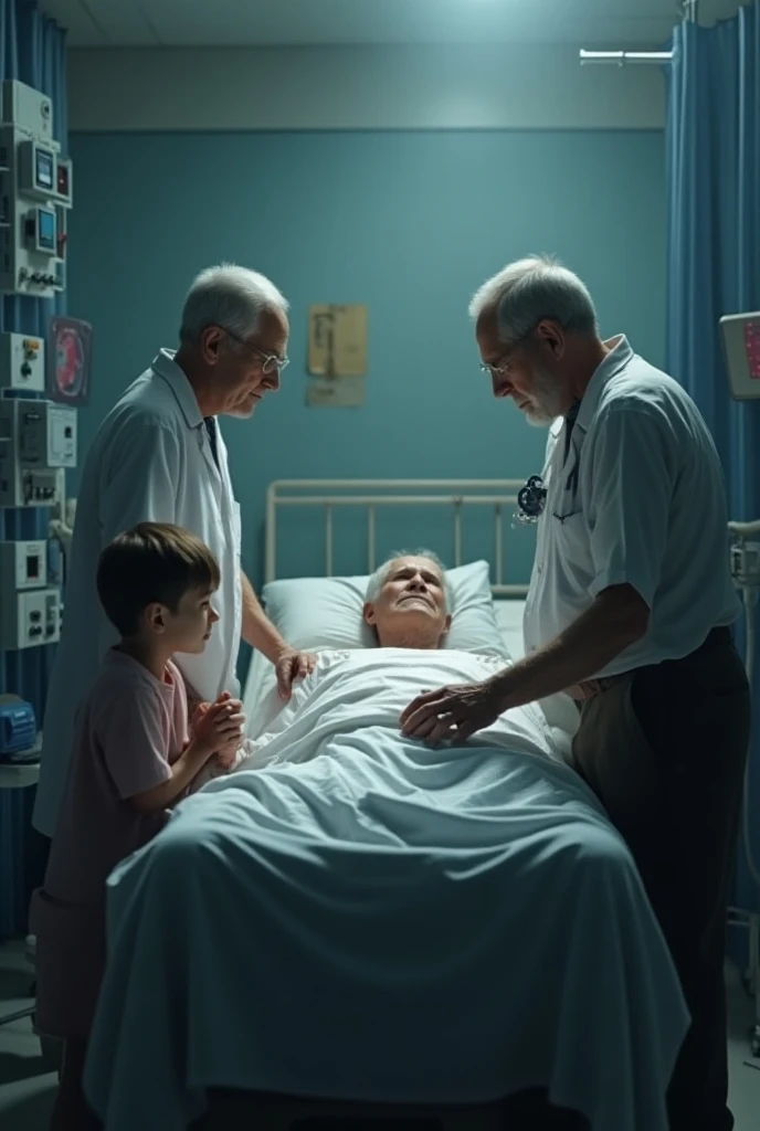 Generate realistic images of 
A sorrowful scene in a hospital where distraught old parents are standing by, watching their sick 23 year old son lying on a stretcher. The  son appears weak and is covered with a blanket, hooked up to medical equipment. The parents’ faces are filled with sadness and concern, reflecting the emotional weight of seeing their son  in such a vulnerable state. The hospital environment is clinical, with soft lighting adding to the somber mood