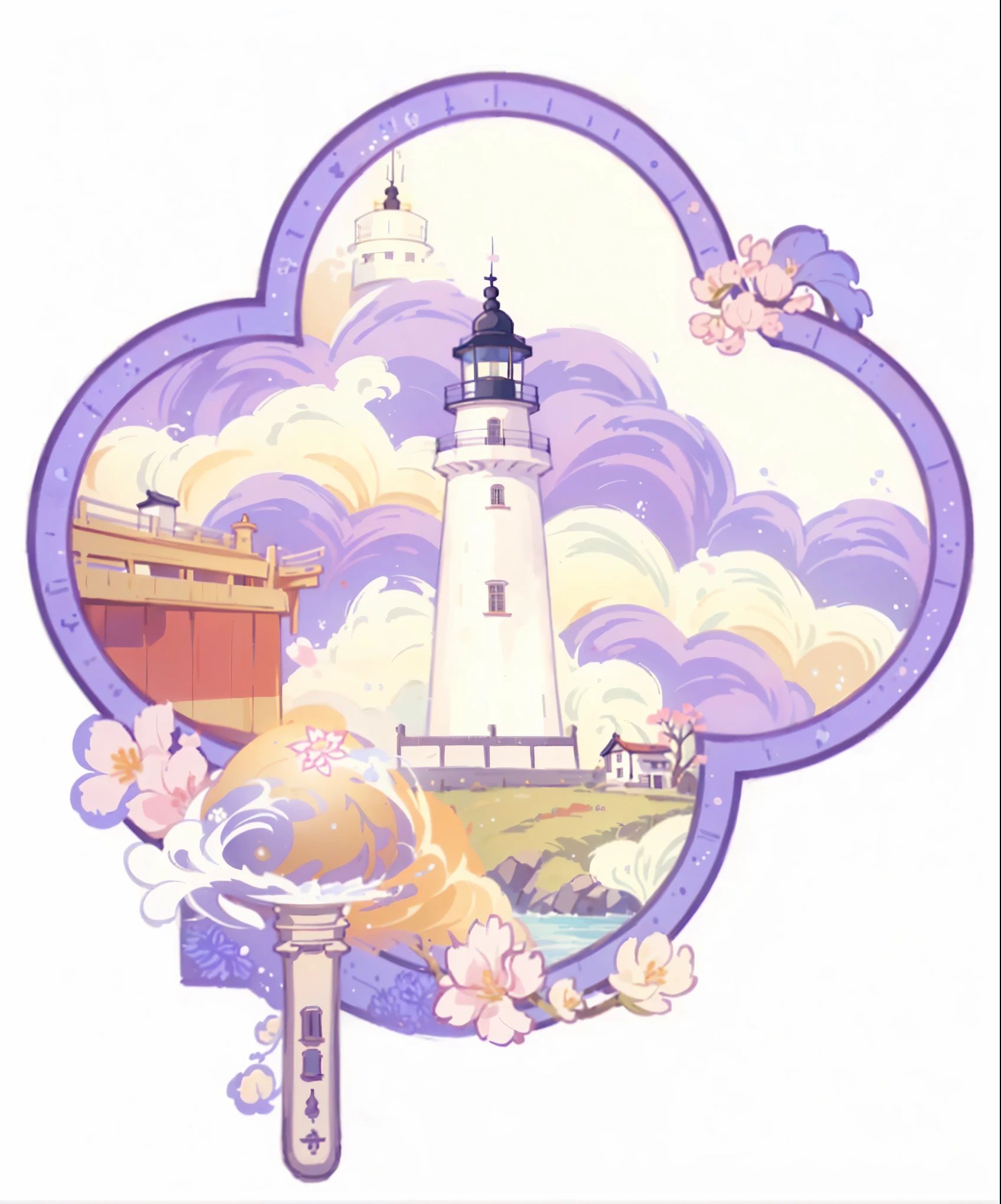 there is a picture of a cartoon picture of a lighthouse,  sparkling scenery , Chiba Prefecture , 🚿🗝📝, Anime Yuru Camp ,  concept art magic highlights , Kawaii aesthetics, 靈感來自書分天翔, Middle Yuan Festival, [lighthouse, Town Background ,  Gunma Prefecture , lighthouse,  beautiful cute lighting 