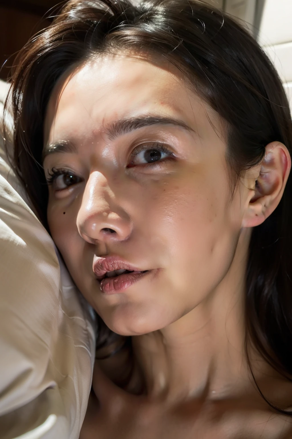  best quality,masterpiece, super high definition,(Realistic:1.2), 1 girl,In the Dark,Deep Shadow,Modest,Slender body,Hotel Bed, dynamic pose , face close-up ,