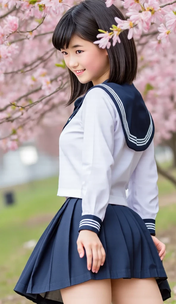 masterpiece, best quality, ultra-detailed 8k, photo realistic, Full body photography, flat chest, small breasts, RISAFX, 14years old, wearing a Junior High School Uniform, sailor uniform, no make, smile, thin lips, Dancing amidst dancing cherry petals