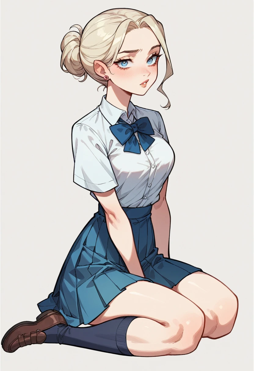  15-year-old teenager with smooth platinum blonde hair up to the waist ,  light blue eyes and flawless pale skin is kneeling on a white background.  She has a delicate and aristocratic appearance , with a slim build.  She wears an impeccable school uniform , composed of a white blouse ,  a navy blue pleated skirt and knee-length socks .  Her posture is elegant and confident ,  reflecting her wealthy background and her sense of superiority .