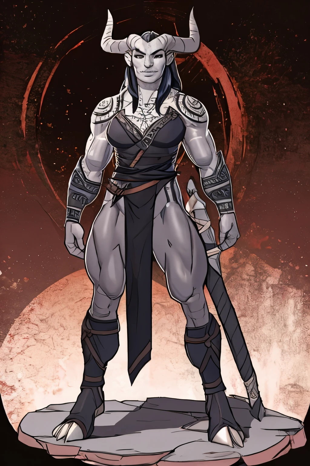 masterpiece, 1 girl, grey_skinned, tiefling, barbarian, solo, patterned_skin, steel, full body, symmetrical, strong, athletic, very_tall, intricate drawing, highly detailed, fluid, sharp focus ((better quality)) ((better face)) (better quality) ((fullbody art))