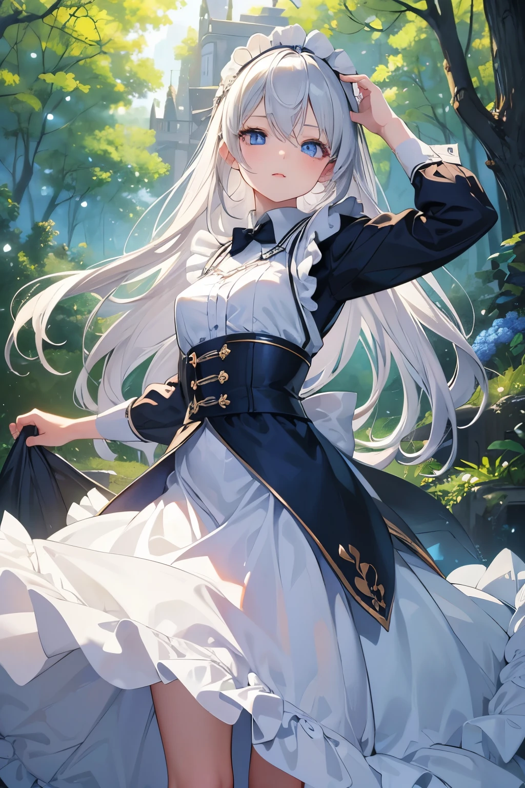 masterpiece,Best Quality, very detailed,beautiful girl, ager,Maid, long skirt,Outdoor,Mansion,Night Forest,Small breasts, thin waist,Silver Hair,Perfect Blue Eyes, very cute,Active pose