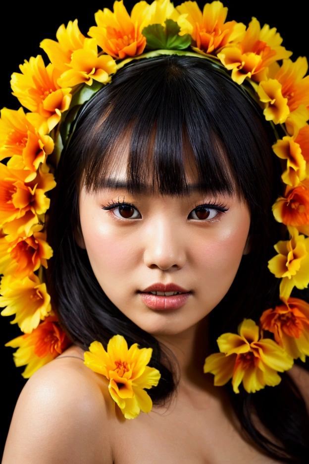 A young Asian woman wearing a flower wreath, artistic photo, brightly colored