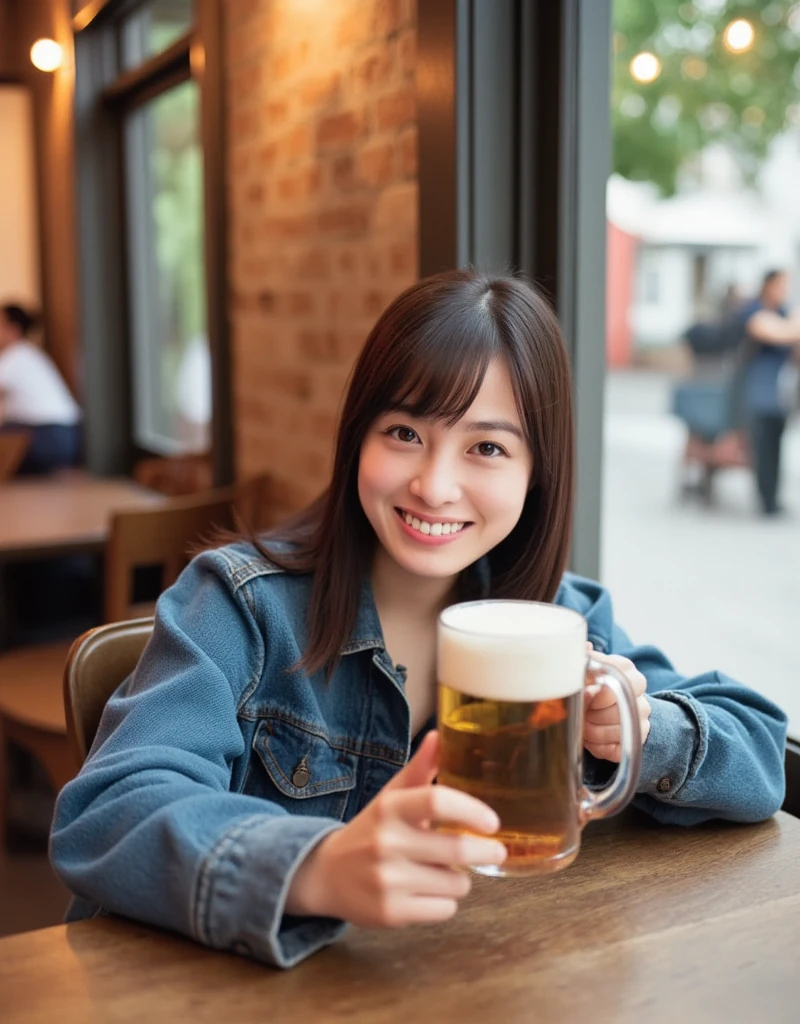  relaxing scene at a casual bar, Warm lighting, small casual bar , Woman with beer mug, Wooden table,  denim jacket, An open space, Cozy atmosphere