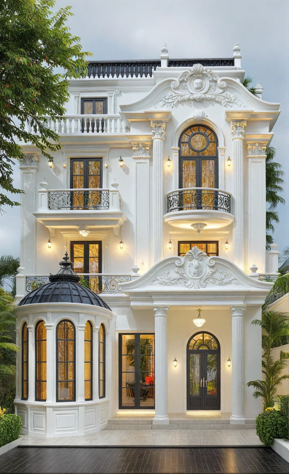 neo classical villa on street, (daylight), tropical tree, vivid colour, streetcapes, white tone, black detail, white wall, large glass door, warm interior lighting, best quality, masterpiece, ultra realistic