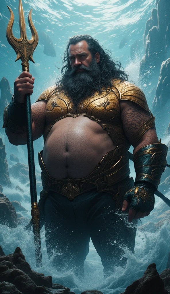 Mermaid man, big and chubby, black, black hair and long black beard, with naval tattoos