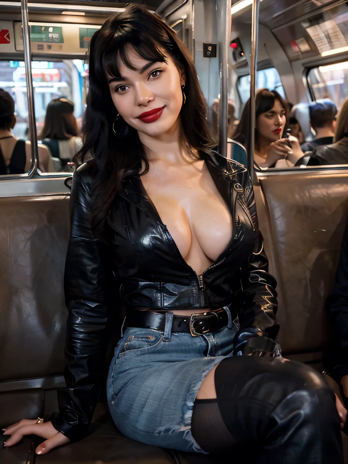 sensual queen of sex Bettie page 25 years old, beautiful, wonderful,on her knees having a huge blowjob to a man, with a man behind her, eyes closed in orgasm,on a empty train , real, very high resolution, 16k, , leather jacket, white t- shirt, fine black leather gloves, high knee boots,luxury, fabulous body, top, blouse, red lipstick, sensual, sexy, earrings, black leather jacket, on her knees doing a blowjob to the man in front of her,