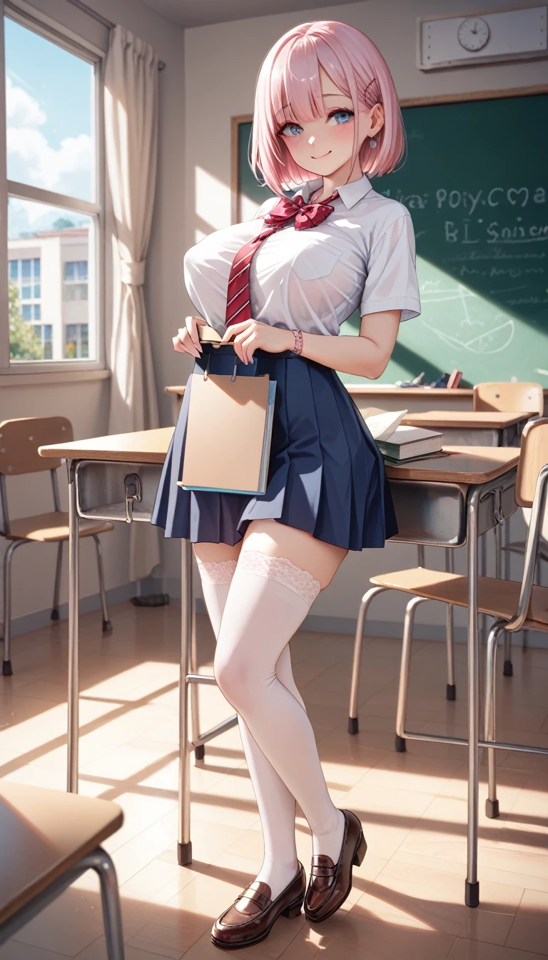 Young, white skin, feminine, cute, excessive detail, hd, 4k, detailed anatomy, anatomy model, shy, confident smile, detailed skin, detailed sex, Big boobs, round breasts, thin clothes, perfect body, full body, thin body, tall, school, classroom, biology class