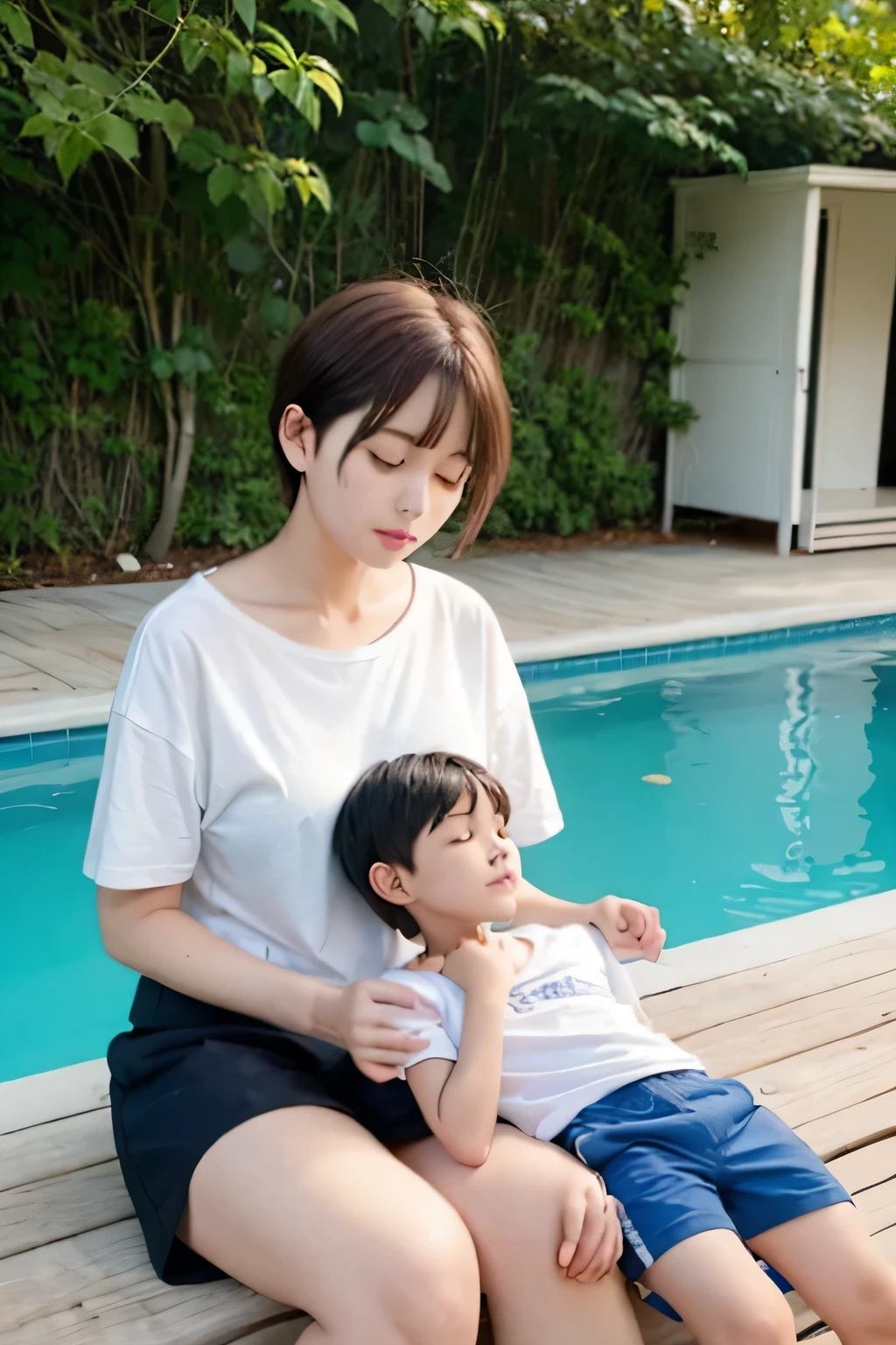 mommy and son, young shirt_less boy peacefully sleeping on his mom's lap, shorts, night time, 1, 1boy, mother and son, lap pillow, s, , beach background 