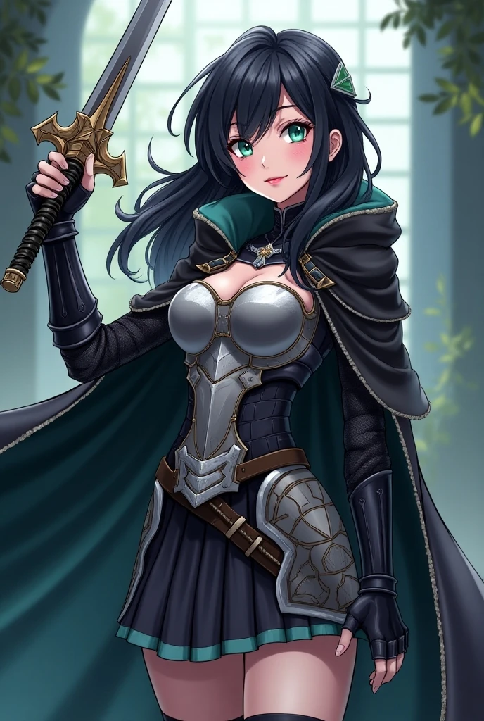 ((1 woman in medieval armor)),((bare breasts)),((in a forest)),((serious face)),((with lots of bubian hair)),((very long messy black hair, eyes blue)),((facing the viewer, holding a sword)),