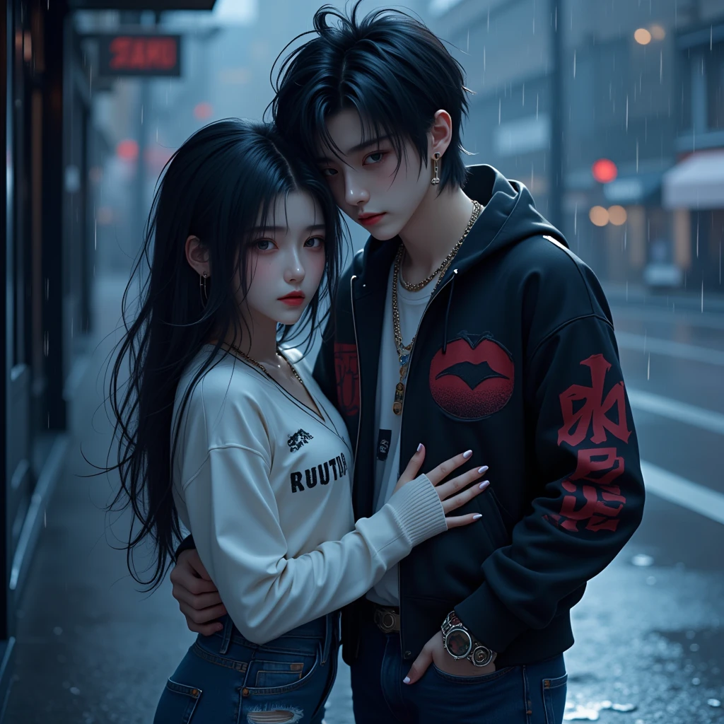 Men and women, Anime illustrations, ((Adult male,  black-haired man alternating dark orange , Dark brown eyes, Sleepy eyes ,  punk sweater, Jeansขาดๆ, Ear Piercing, Hug a woman)), (((Black long-haired woman , Pink lips,  wearing white sweater , Jeans,  thick mascara , many Ear Piercing))), ทั้งMen and womenมองไปที่ผู้ชม, It&#39;s raining., Night time, Full body image,  men taller than women , 3D rendering, High angle view