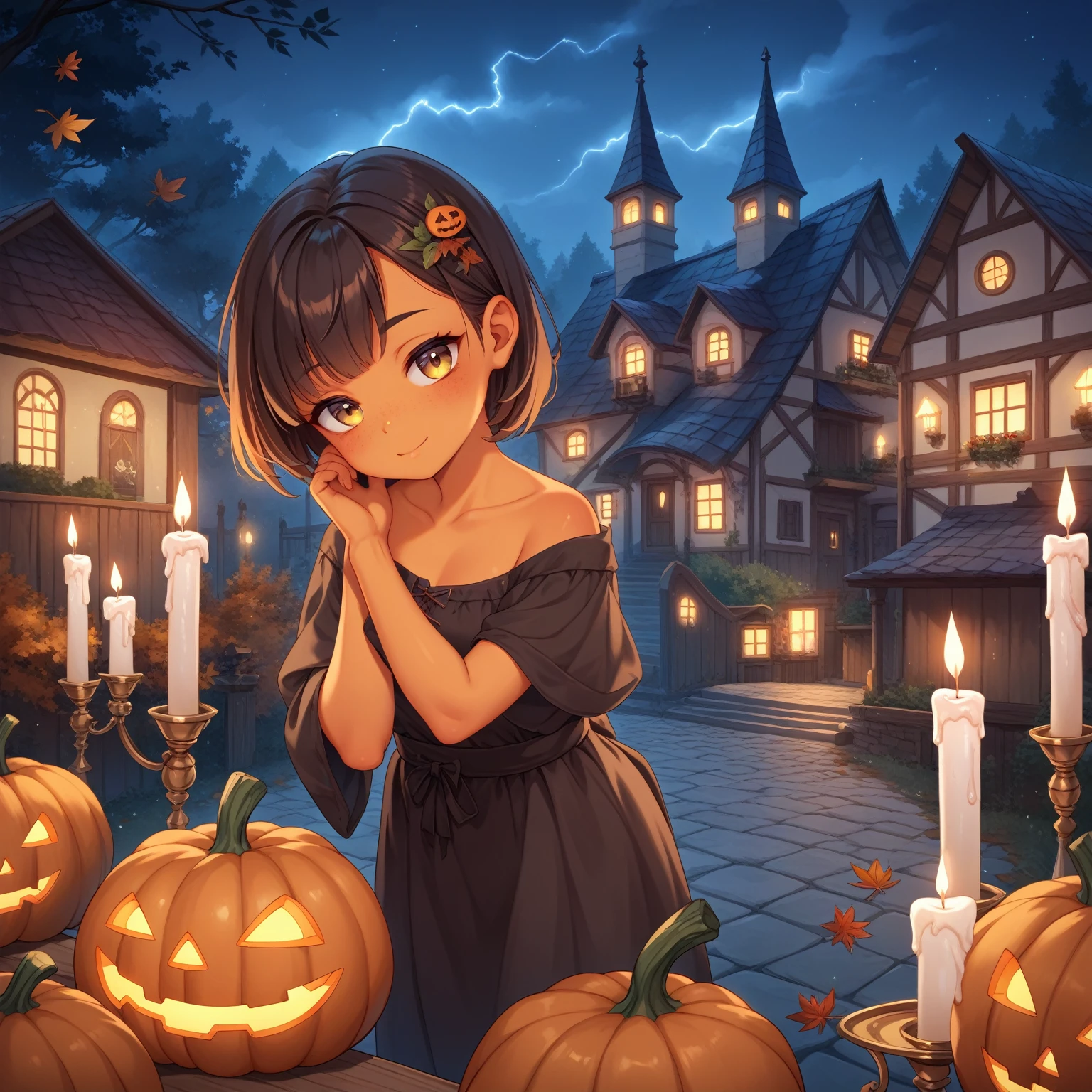 Small, Very young orange skin pumpkin girl, manor. She has shallow eyes and a lustful face. Her skin glows white and is translucid. At night, autumn, candle soft lightning 