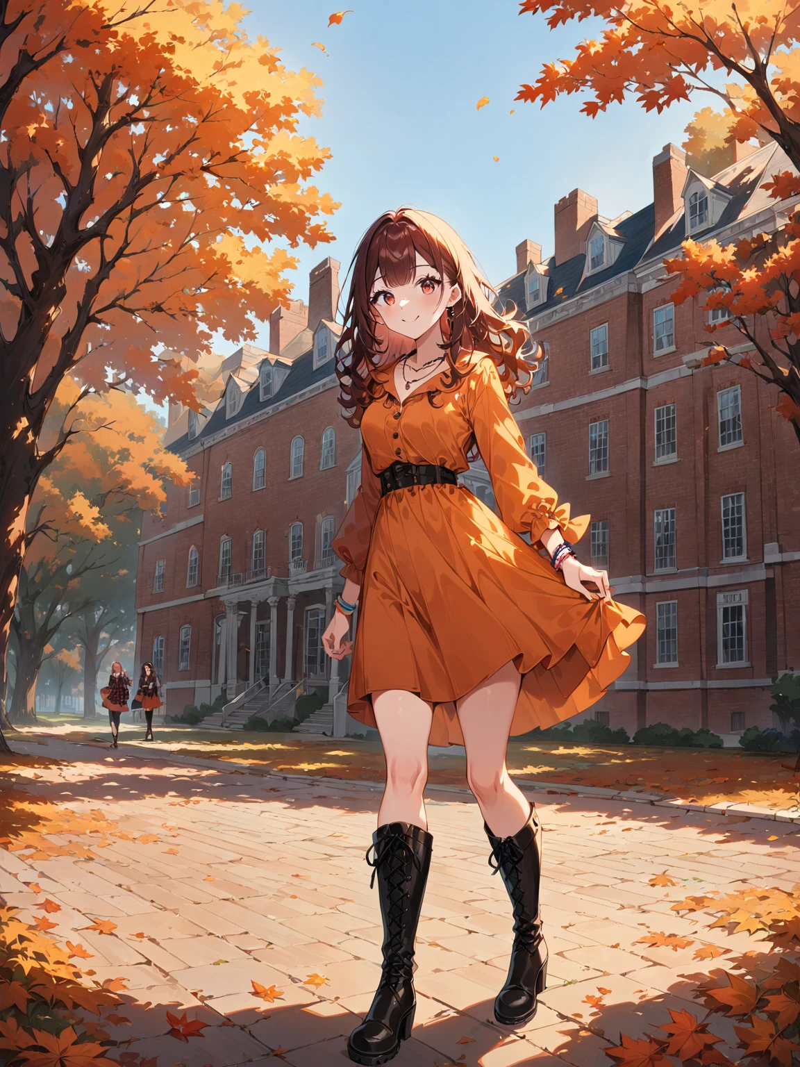 1 girl, original, perfect body, anatomically correct, correct ratio, 

(Asian girl:1.2), 22 years old, (medium wavy hair:1.3), (reddish brown hair:1.3), (hazel eyes:1.1), medium breasts, smile, 

fashionable and unique autumn fashion, checkered oversized mini shirt dress, lots of bracelets, stacked necklaces, black heeled knee boots,

college campus, colonial architecture, brick buildings, historic campus, wide green lawns, old trees, academic quadrangle, William and Mary style, Williamsburg Virginia, students walking, autumn season, sunny day, wide shot, 

dynamic angles, dynamic poses, (masterpiece, best quality, very aesthetic, absurdres), (8k, RAW photo, best quality), (extremely detailed 8k wallpaper),